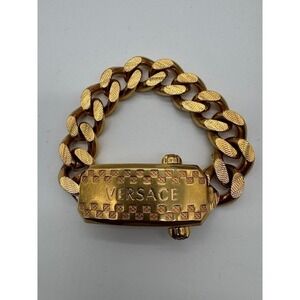 Versace Gold Tone Textured Curb Chain Bracelet Medusa Head T-Bar Logo Plate